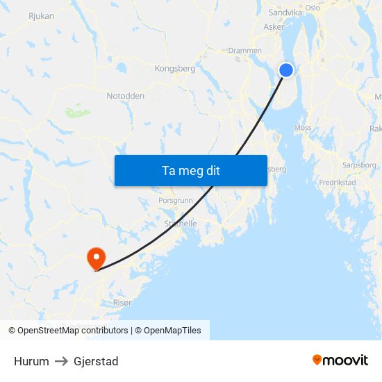 Hurum to Gjerstad map