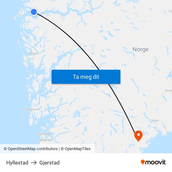 Hyllestad to Gjerstad map