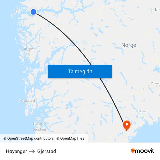 Høyanger to Gjerstad map