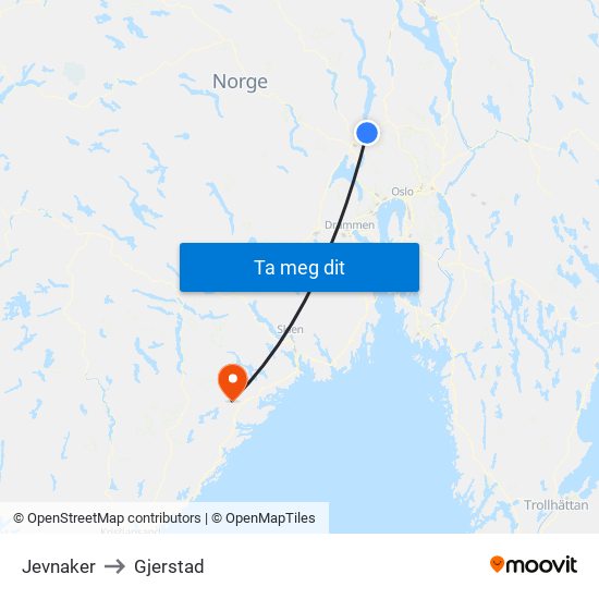 Jevnaker to Gjerstad map