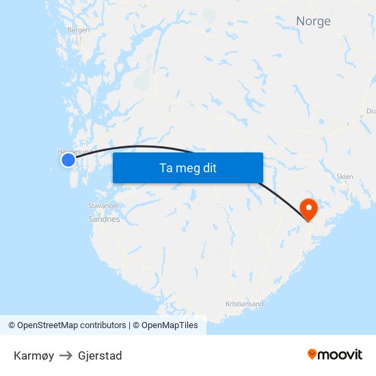 Karmøy to Gjerstad map