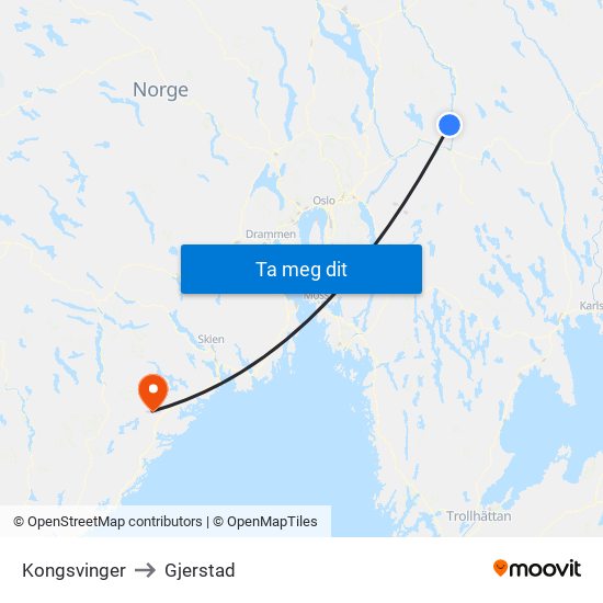 Kongsvinger to Gjerstad map