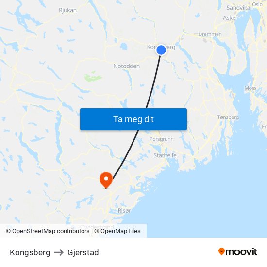 Kongsberg to Gjerstad map