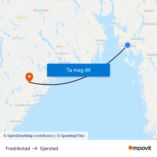 Fredrikstad to Gjerstad map