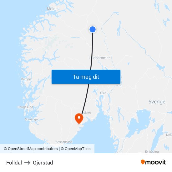 Folldal to Gjerstad map