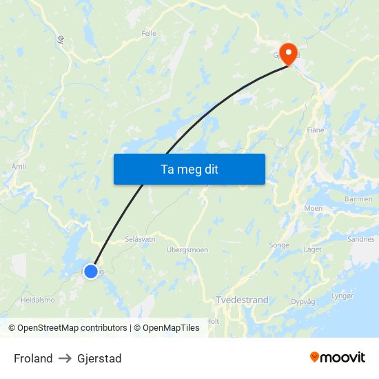 Froland to Gjerstad map