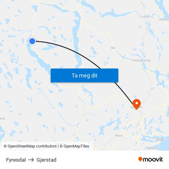 Fyresdal to Gjerstad map