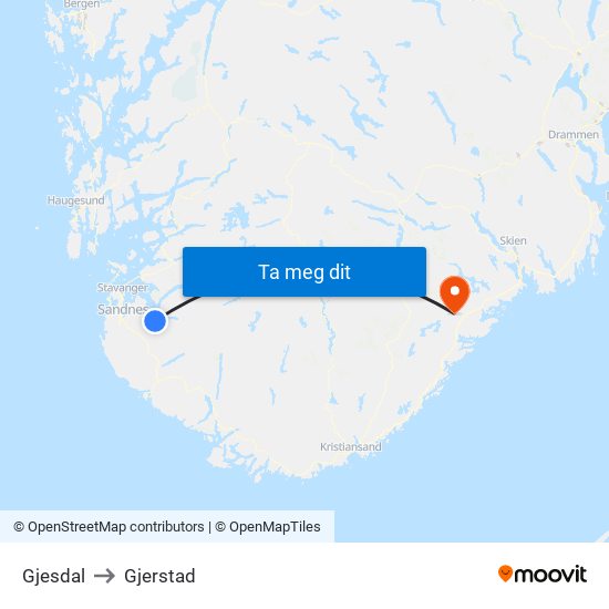 Gjesdal to Gjerstad map