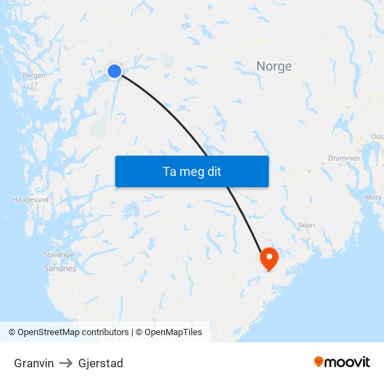 Granvin to Gjerstad map