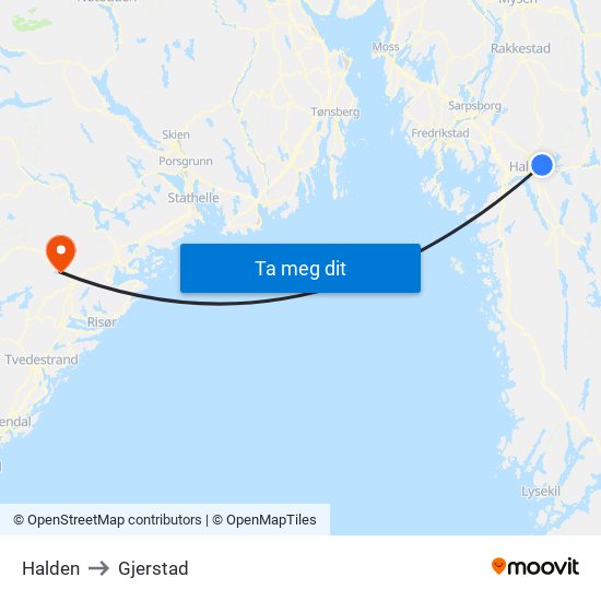 Halden to Gjerstad map