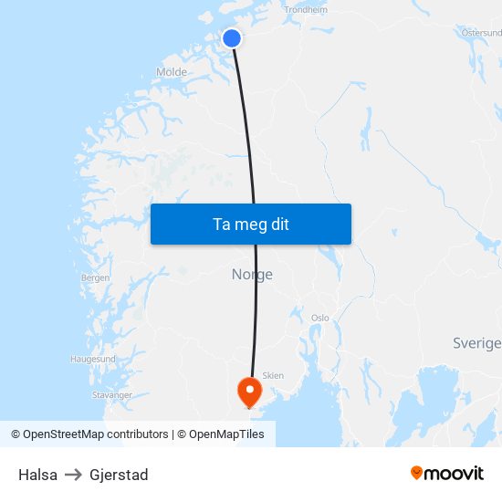 Halsa to Gjerstad map
