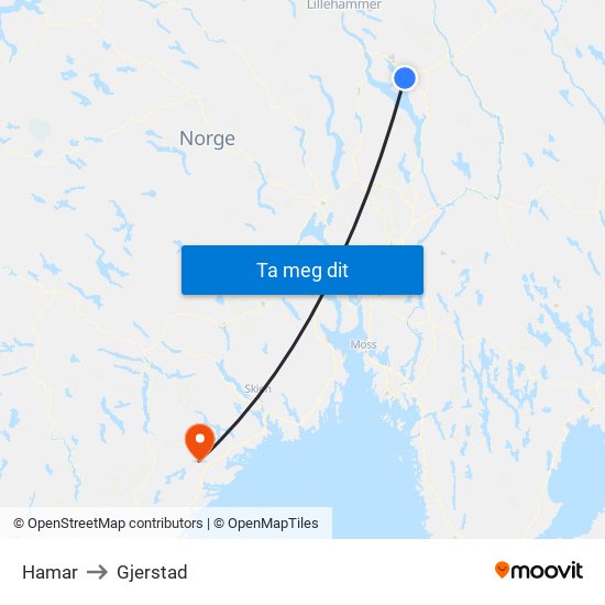 Hamar to Gjerstad map