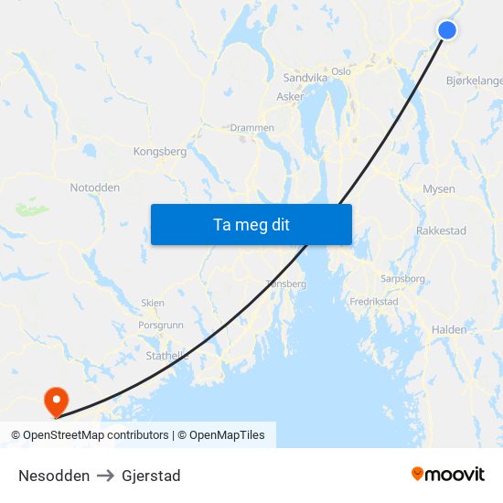 Nesodden to Gjerstad map