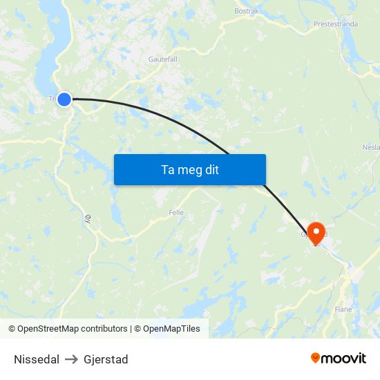 Nissedal to Gjerstad map