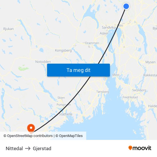 Nittedal to Gjerstad map