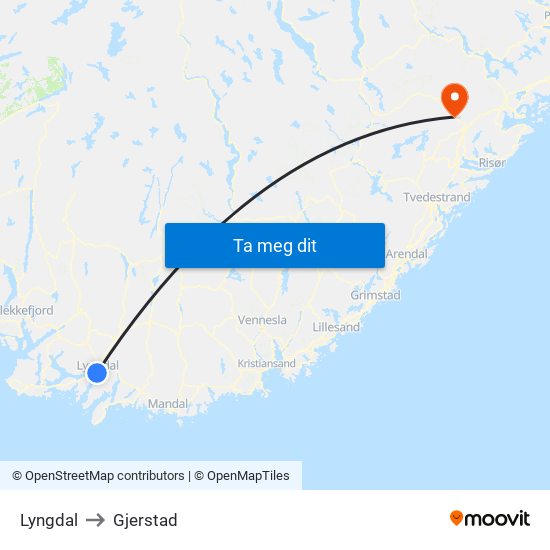 Lyngdal to Gjerstad map