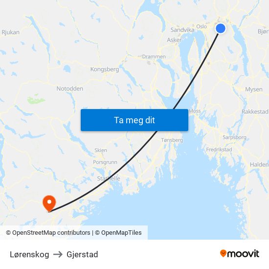 Lørenskog to Gjerstad map