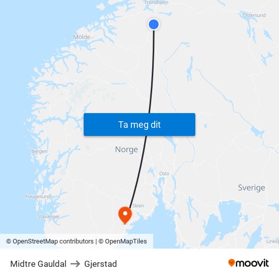 Midtre Gauldal to Gjerstad map