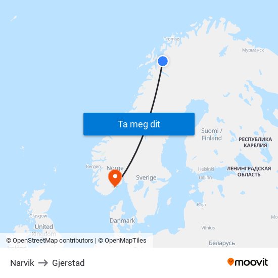 Narvik to Gjerstad map