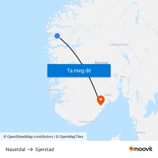 Naustdal to Gjerstad map