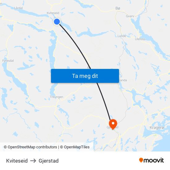 Kviteseid to Gjerstad map