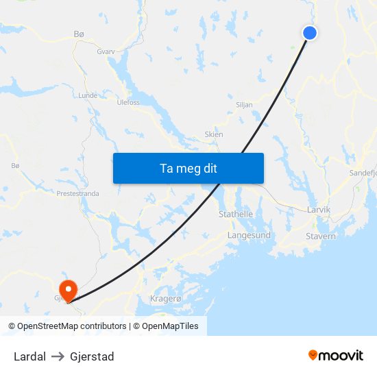 Lardal to Gjerstad map