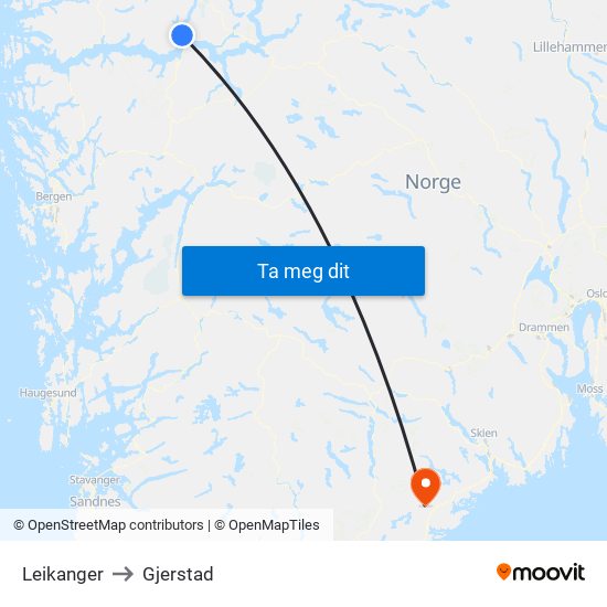 Leikanger to Gjerstad map