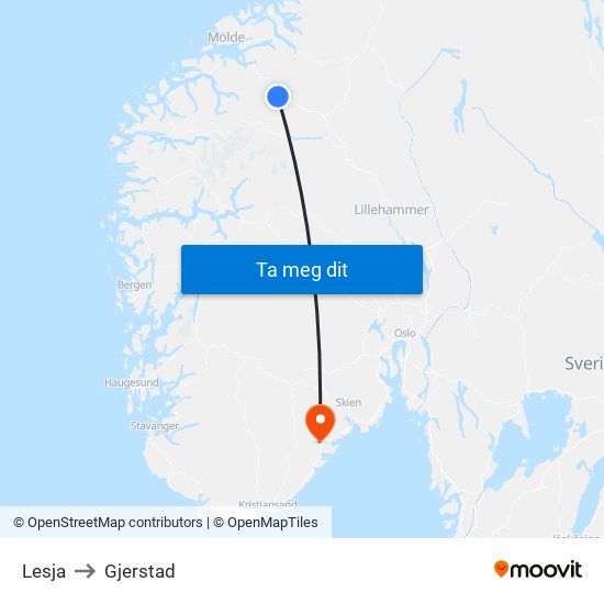 Lesja to Gjerstad map