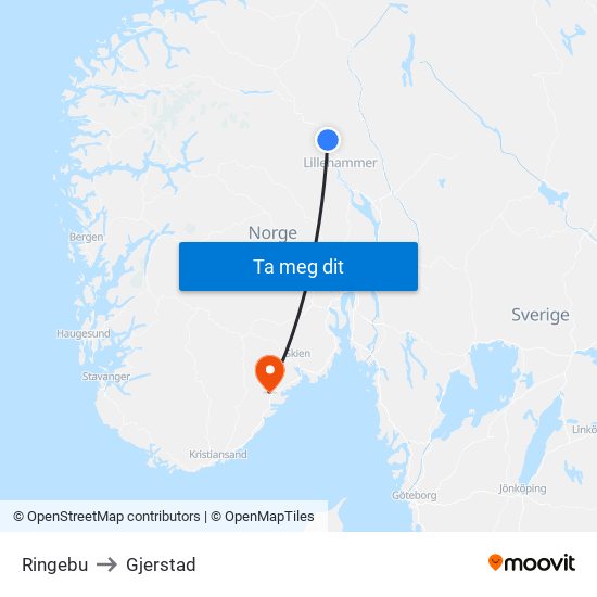 Ringebu to Gjerstad map