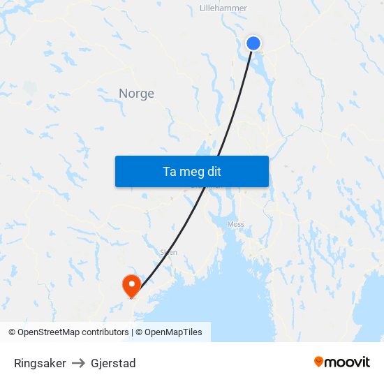 Ringsaker to Gjerstad map