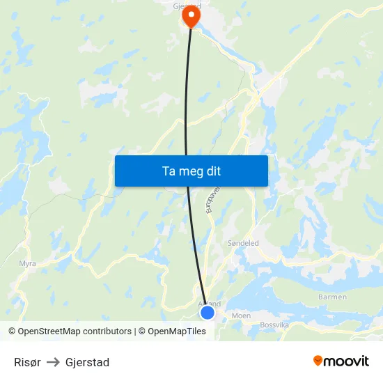 Risør to Gjerstad map