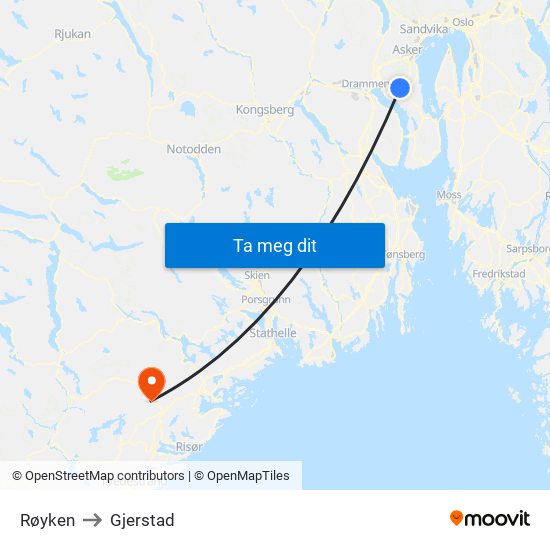 Røyken to Gjerstad map