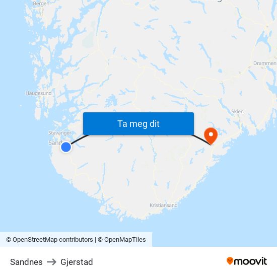 Sandnes to Gjerstad map