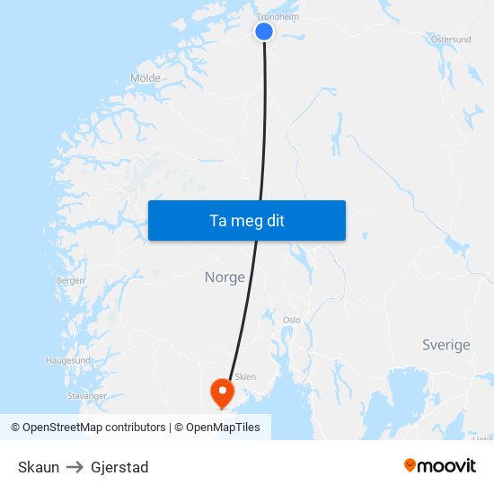 Skaun to Gjerstad map