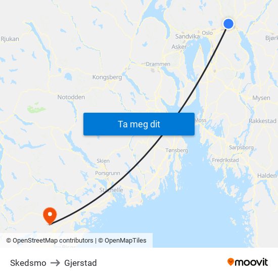 Skedsmo to Gjerstad map