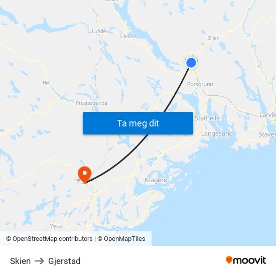 Skien to Gjerstad map