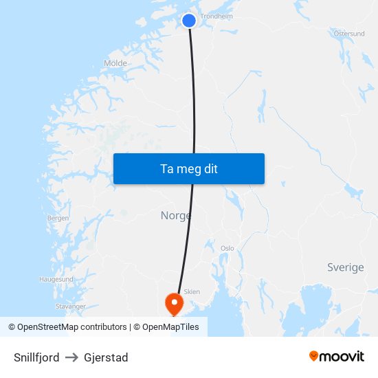 Snillfjord to Gjerstad map