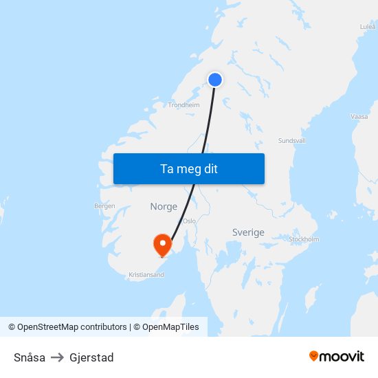 Snåsa to Gjerstad map