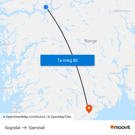 Sogndal to Gjerstad map