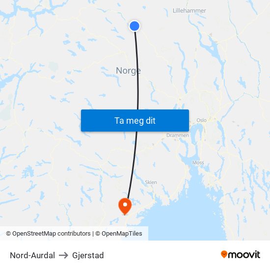 Nord-Aurdal to Gjerstad map