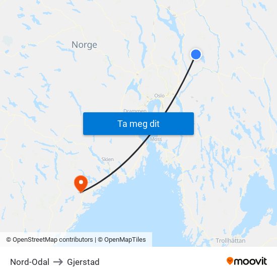 Nord-Odal to Gjerstad map