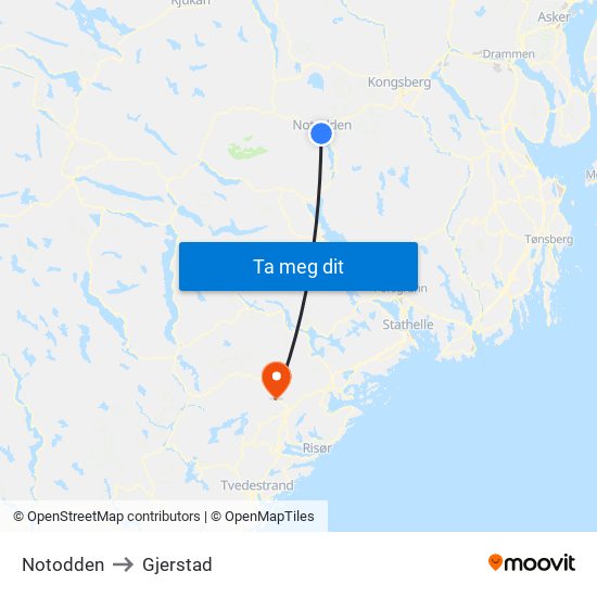 Notodden to Gjerstad map