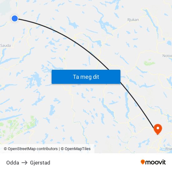 Odda to Gjerstad map