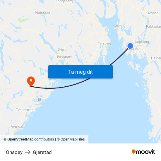 Onsoey to Gjerstad map