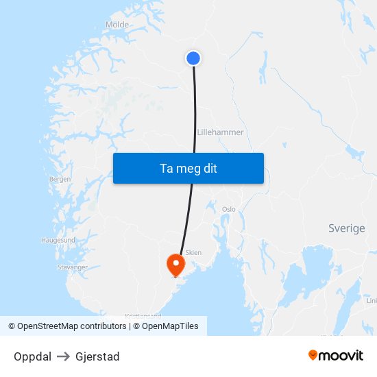 Oppdal to Gjerstad map