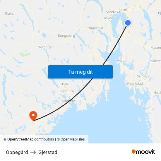 Oppegård to Gjerstad map