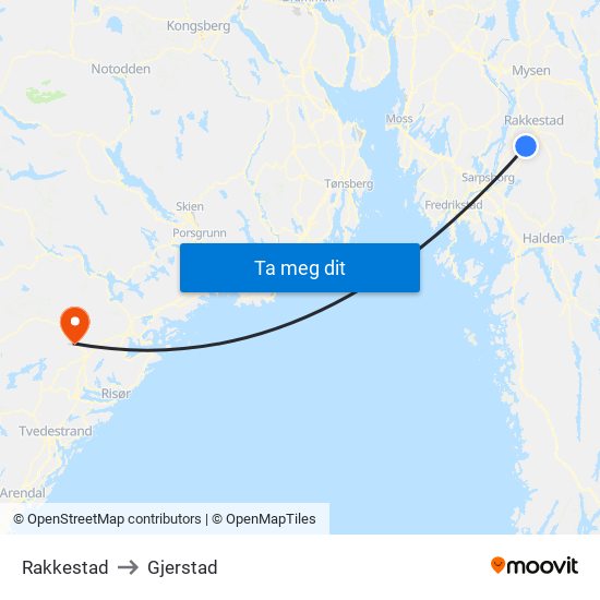 Rakkestad to Gjerstad map