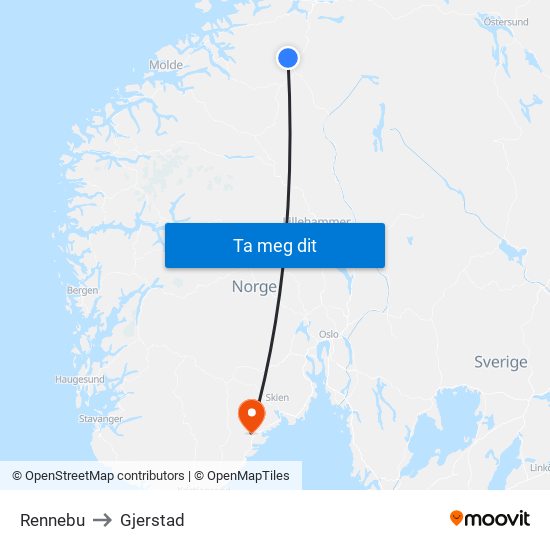 Rennebu to Gjerstad map