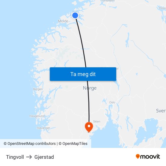 Tingvoll to Gjerstad map