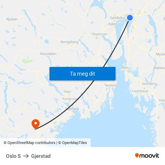 Oslo S to Gjerstad map